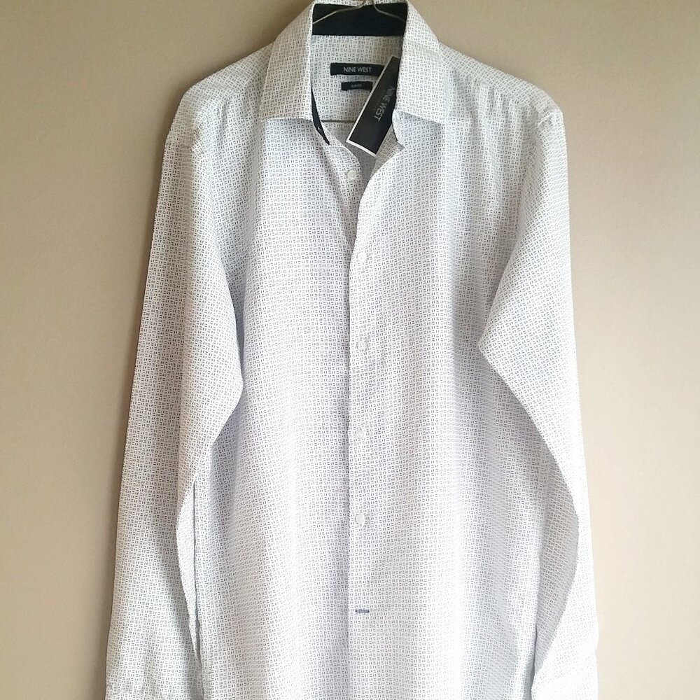 Nine West Men's Long Sleeve Dress Shirt M - Slim Fit White with Black Design NWT